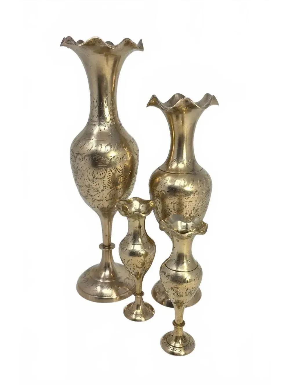Vintage Indian Brass Vases Set of 4 Etched Floral Graduated Ruffled Rim